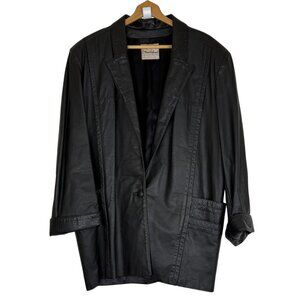 Vtg 70s Black Leather Coat XL Croc Embossed Trim Leathers by New England USA